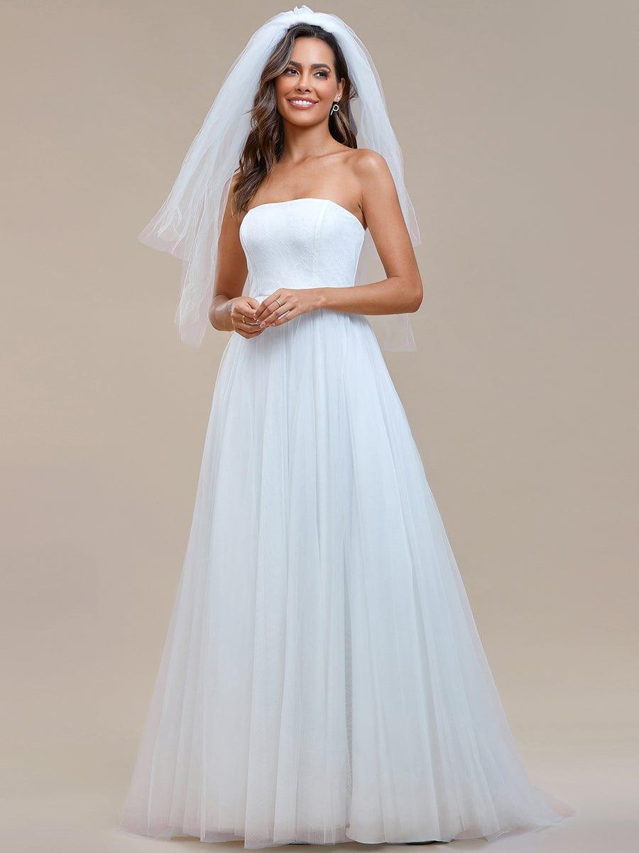 Romantic Back-laced Adjustable Strapless A-Line Tulle Wedding Dress #color_White Romantic Back-laced Adjustable Strapless A-Line Tulle Wedding Dress