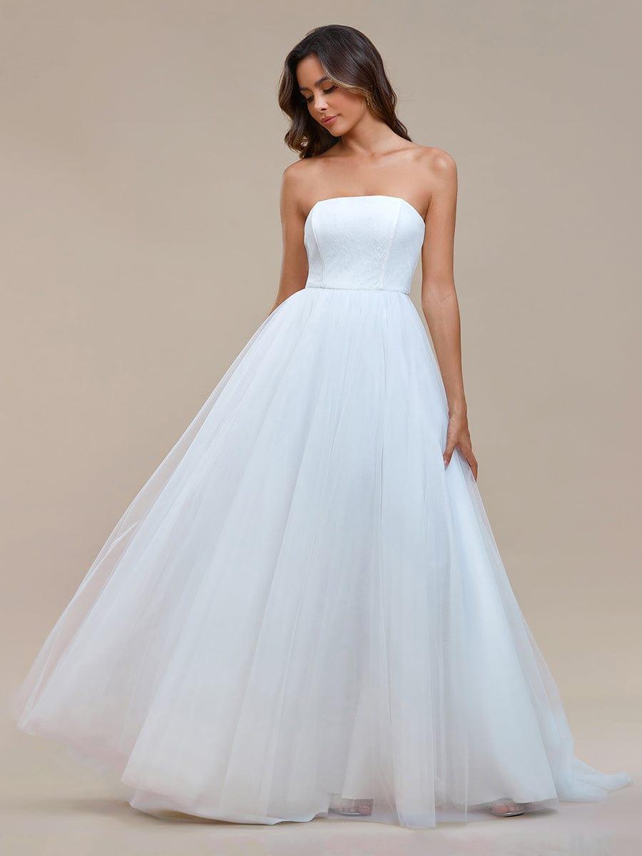 Romantic Back-laced Adjustable Strapless A-Line Tulle Wedding Dress #color_White Romantic Back-laced Adjustable Strapless A-Line Tulle Wedding Dress