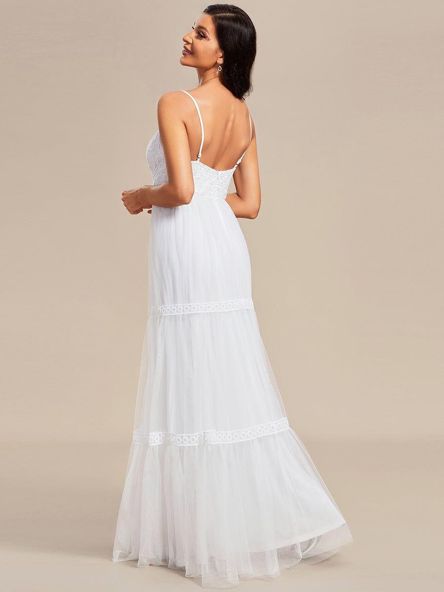 Spaghetti Strap Lace Embroidery A-Line Tulle Romantic Wedding Dress #color_White Spaghetti Strap Lace Embroidery A-Line Tulle Romantic Wedding Dress