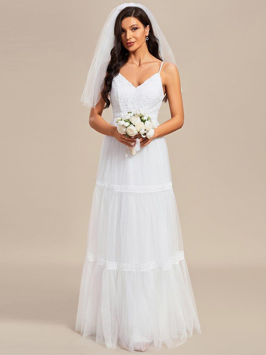 Spaghetti Strap Lace Embroidery A-Line Tulle Romantic Wedding Dress #color_White Spaghetti Strap Lace Embroidery A-Line Tulle Romantic Wedding Dress