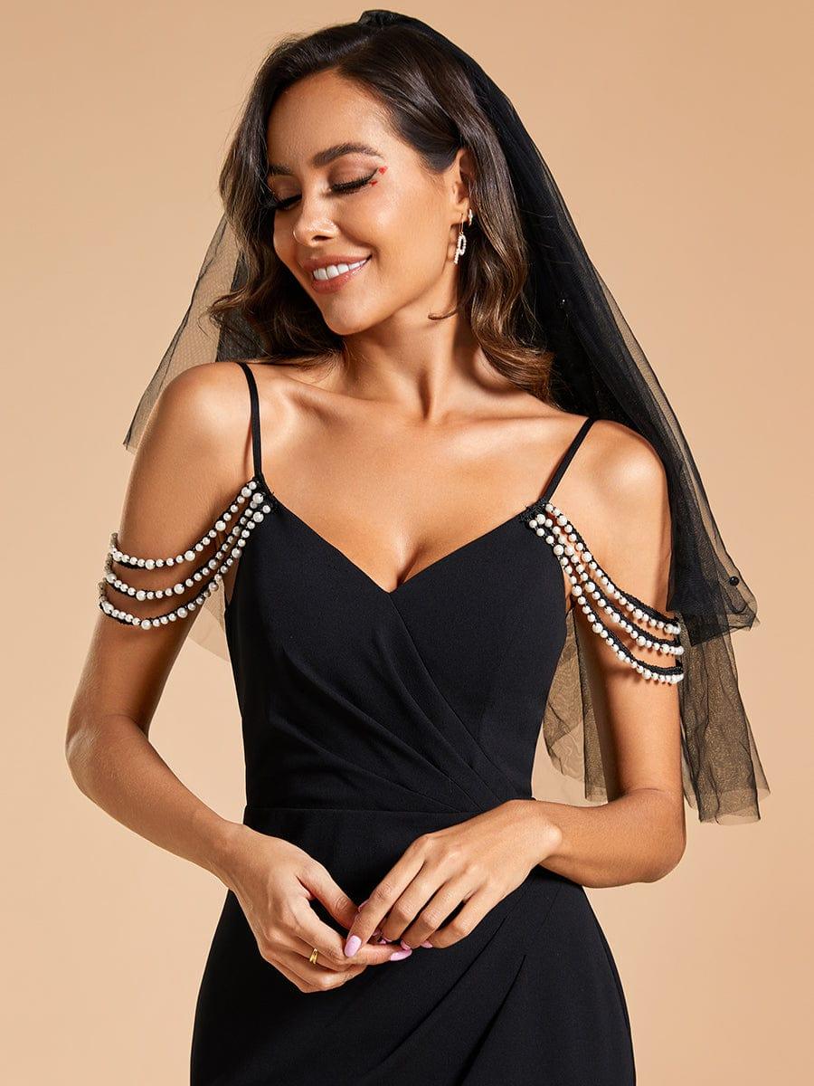 Peral Chain Cold Shoulder Front Slit Pleated Mermaid Wedding Dress #color_Black