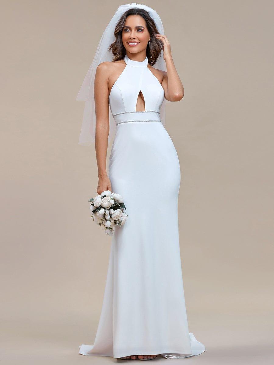 Halter Hollow Out Sleeveless Waist Detail Mermaid Wedding Dress #color_White Halter Hollow Out Sleeveless Waist Detail Mermaid Wedding Dress