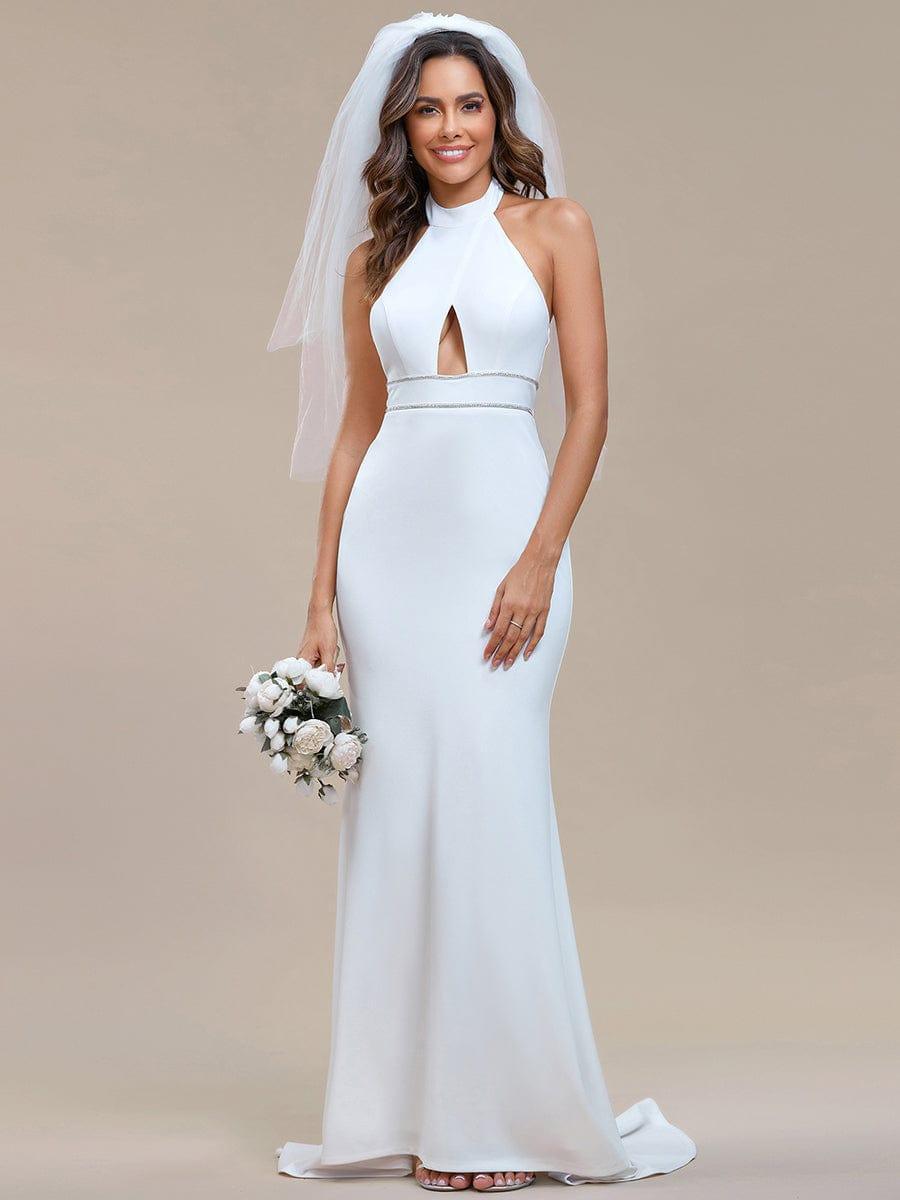 Halter Hollow Out Sleeveless Waist Detail Mermaid Wedding Dress #color_White Halter Hollow Out Sleeveless Waist Detail Mermaid Wedding Dress