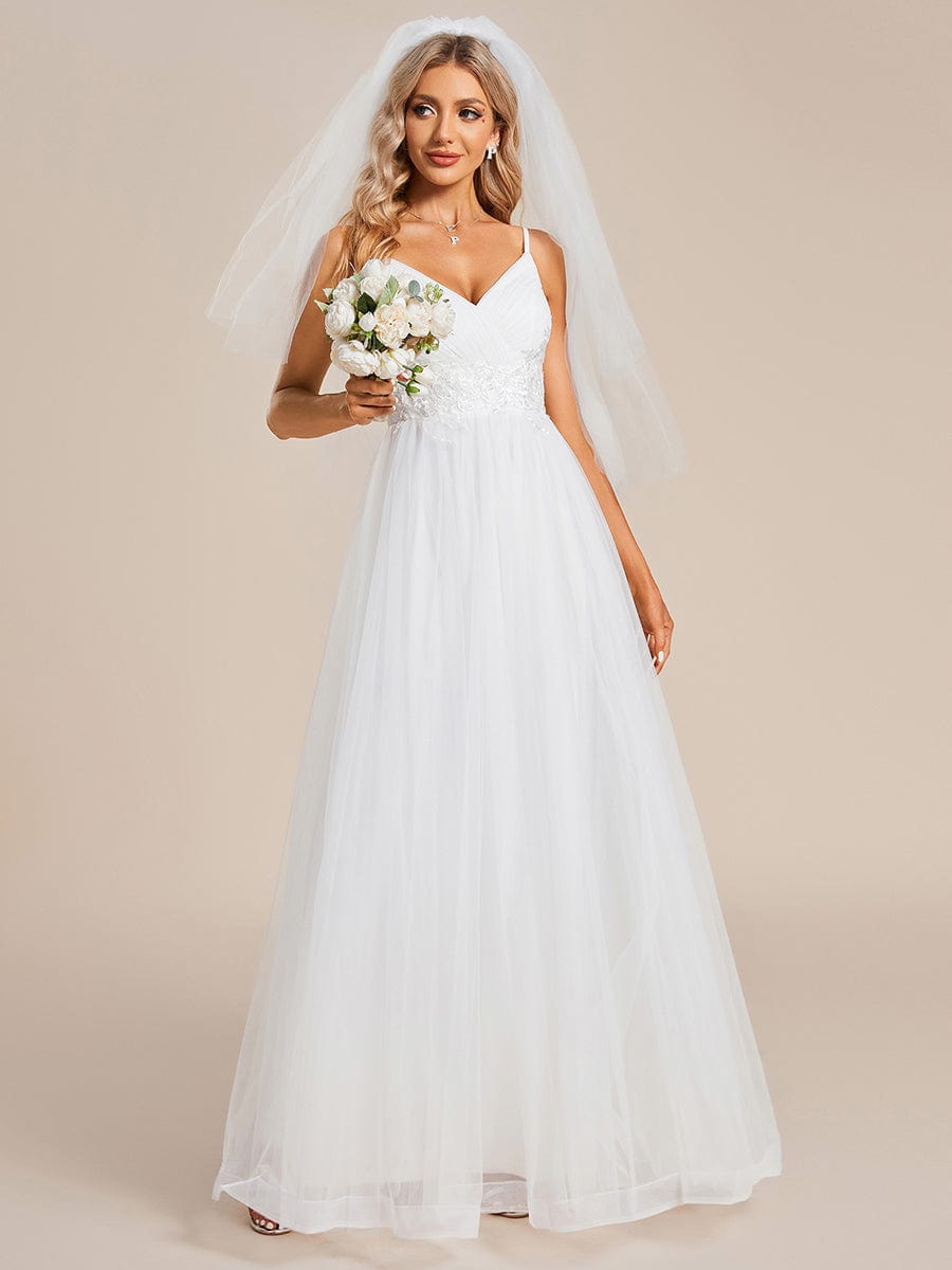 Spaghetti Straps V-Neck Waist Applique A-Line Tulle Wedding Dress #color_White