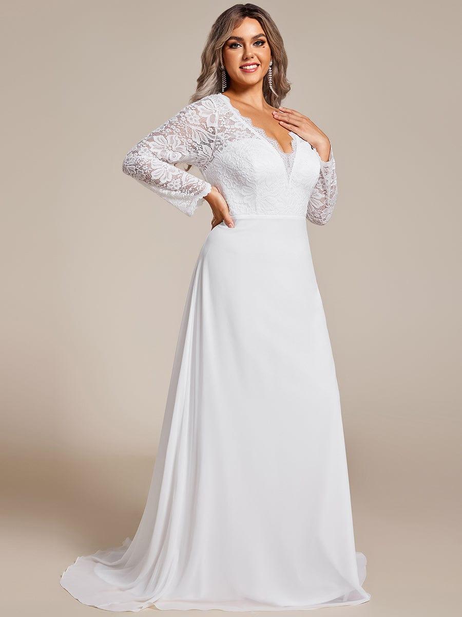 Plus Size Lace Long Sleeves Eyelash Edge Bodycon Mermaid Chiffon Wedding Dress #color_White
