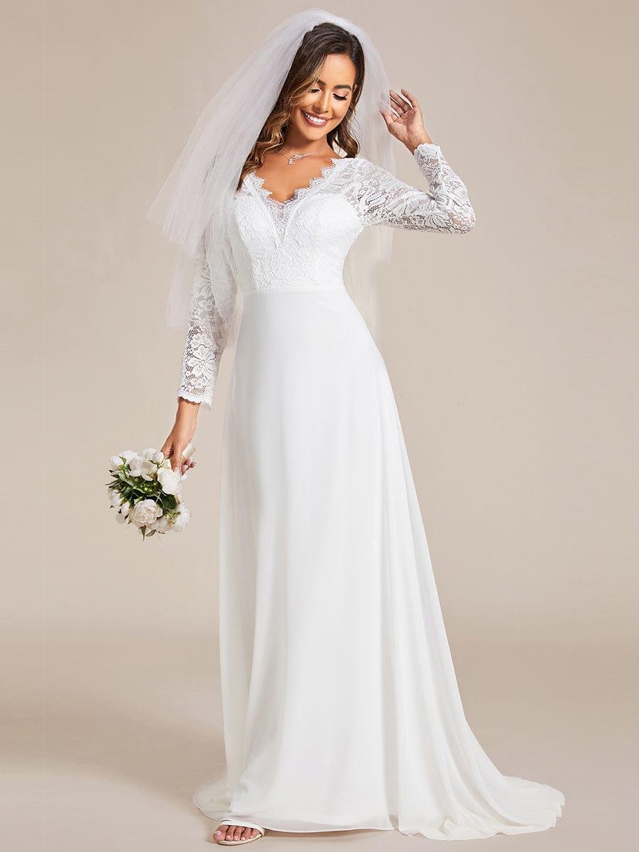 Lace Long Sleeves Eyelash Edge Bodycon Mermaid Chiffon Wedding Dress #color_White