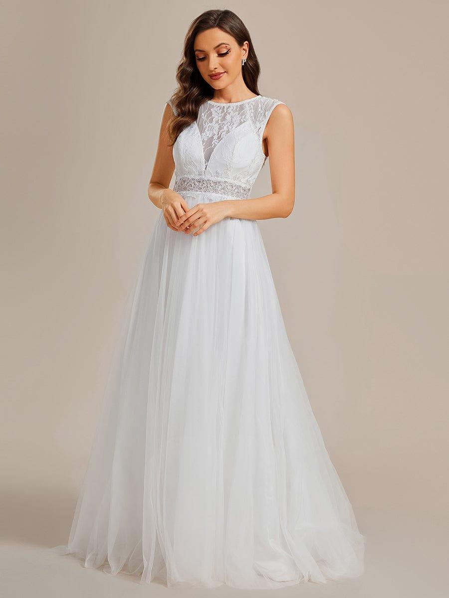 Cover Sleeve See-Through Round Neckline Lace Embroidery Wedding Dress #color_White Cover Sleeve See-Through Round Neckline Lace Embroidery Wedding Dress