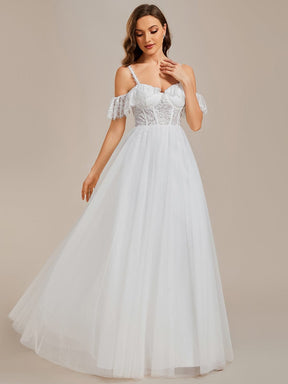 Romantic See-Through Lace Bodice Spaghetti Strap Short Sleeve Tulle Wedding Dress