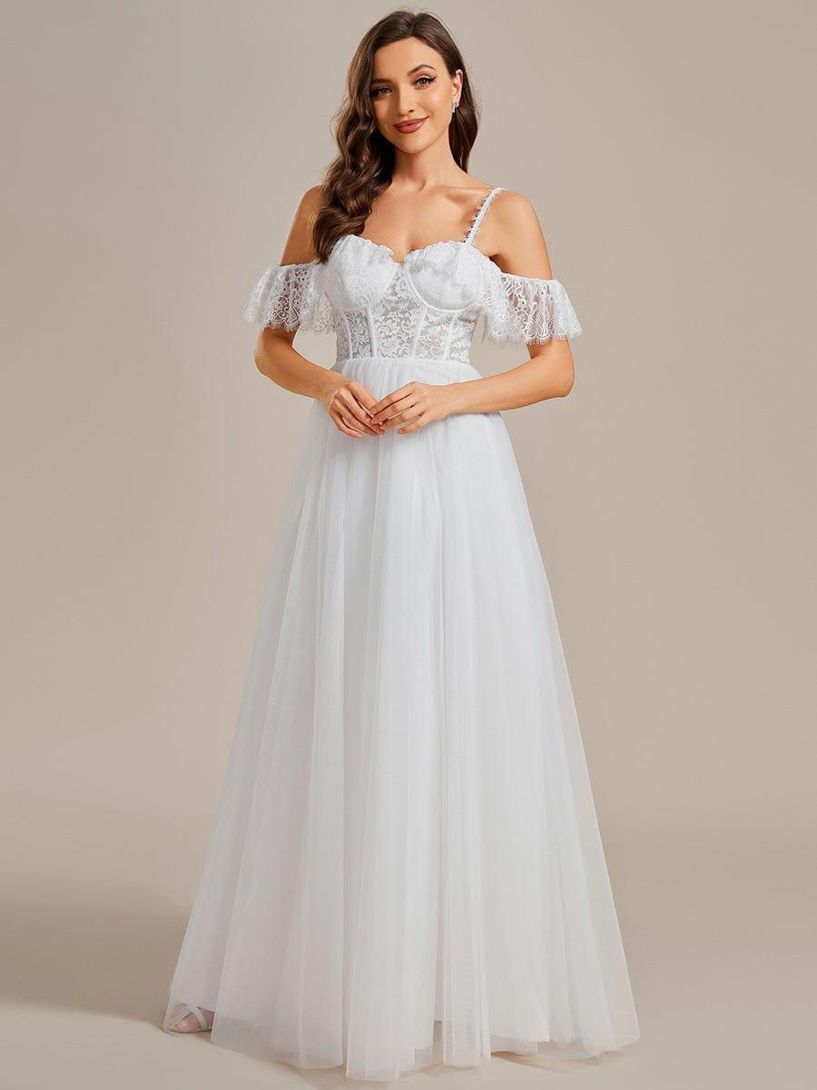 Romantic See-Through Lace Bodice Spaghetti Strap Short Sleeve Tulle Wedding Dress #color_White Romantic See-Through Lace Bodice Spaghetti Strap Short Sleeve Tulle Wedding Dress