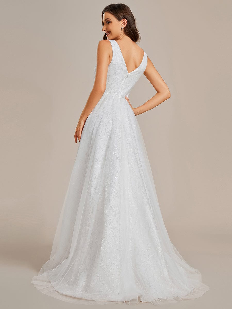 Classical Tulle Glittery Pleated Double V-Neck A-Line Wedding Dress with Train #color_White Classical Tulle Glittery Pleated Double V-Neck A-Line Wedding Dress with Train