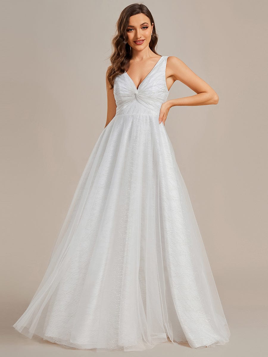 Classical Tulle Glittery Pleated Double V-Neck A-Line Wedding Dress with Train #color_White Classical Tulle Glittery Pleated Double V-Neck A-Line Wedding Dress with Train
