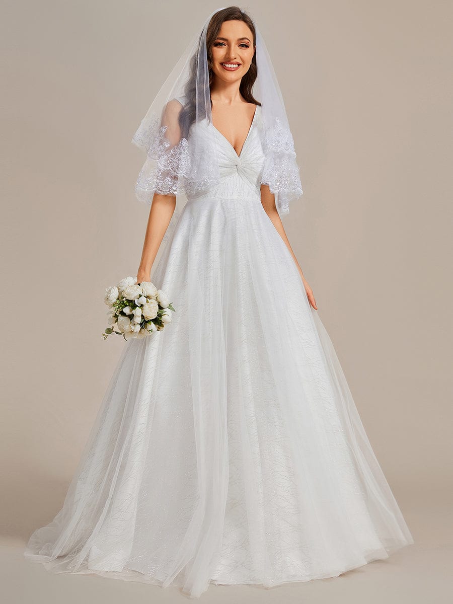 Classical Tulle Glittery Pleated Double V-Neck A-Line Wedding Dress with Train #color_White Classical Tulle Glittery Pleated Double V-Neck A-Line Wedding Dress with Train