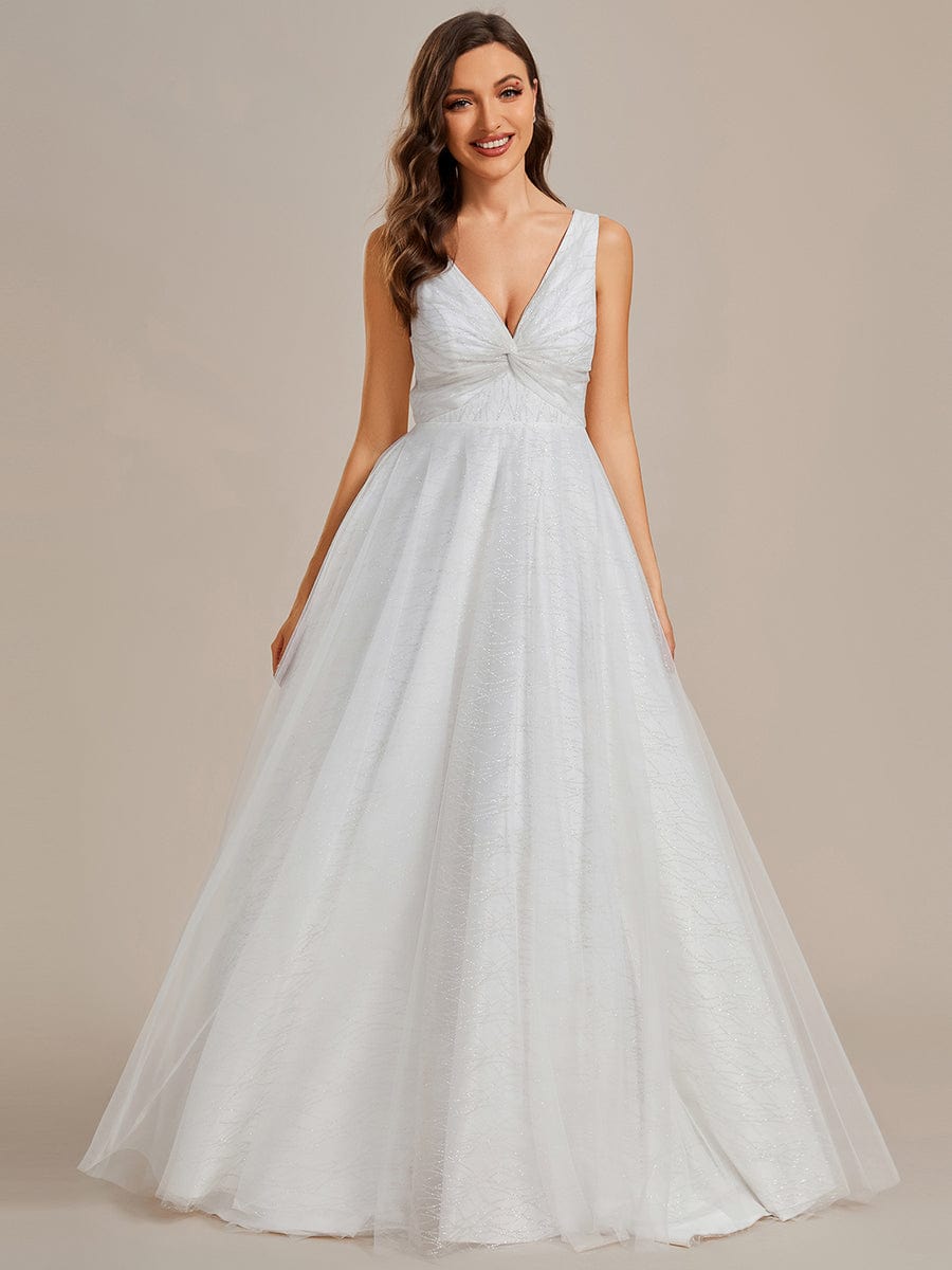 Classical Tulle Glittery Pleated Double V-Neck A-Line Wedding Dress with Train #color_White Classical Tulle Glittery Pleated Double V-Neck A-Line Wedding Dress with Train