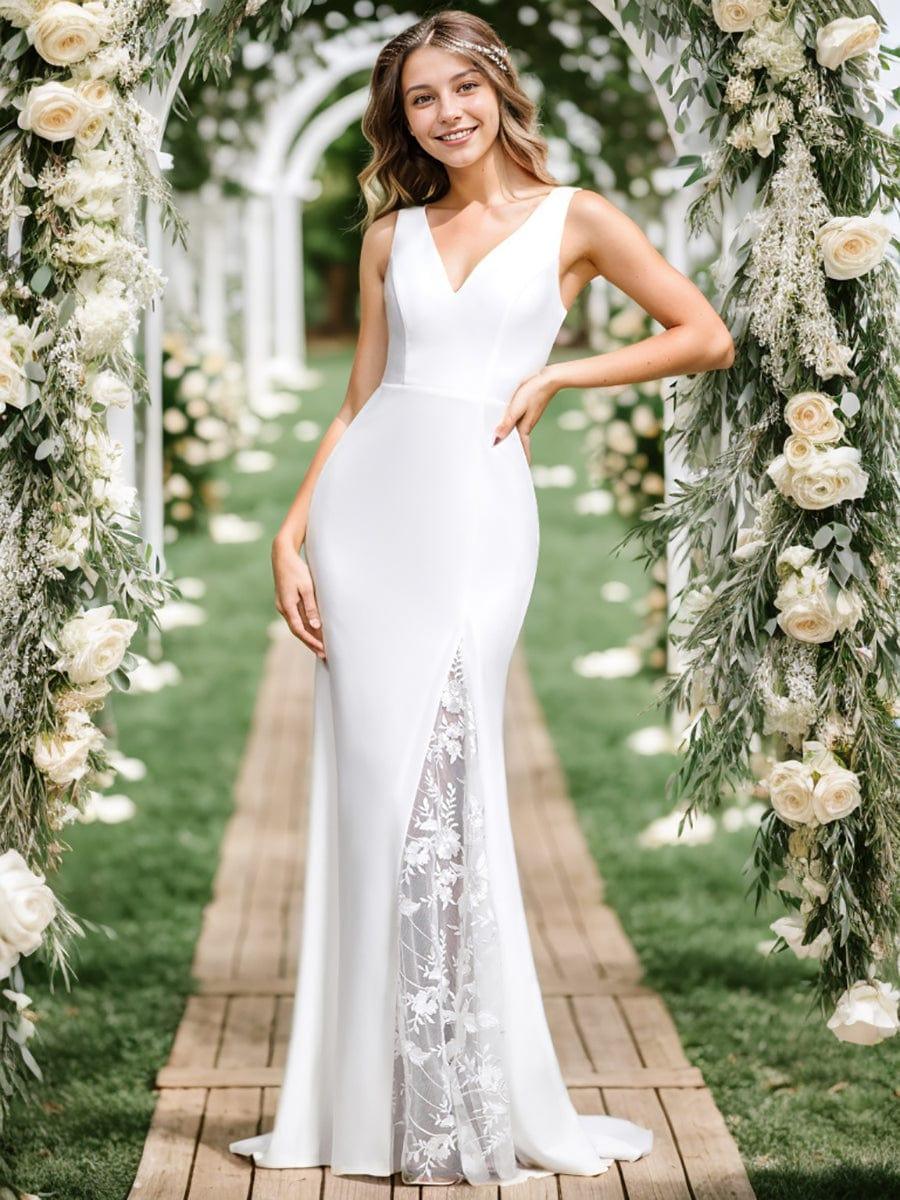Sleeveless Polyester Mermaid Wedding Dress with Lace-Adorned Back #color_White