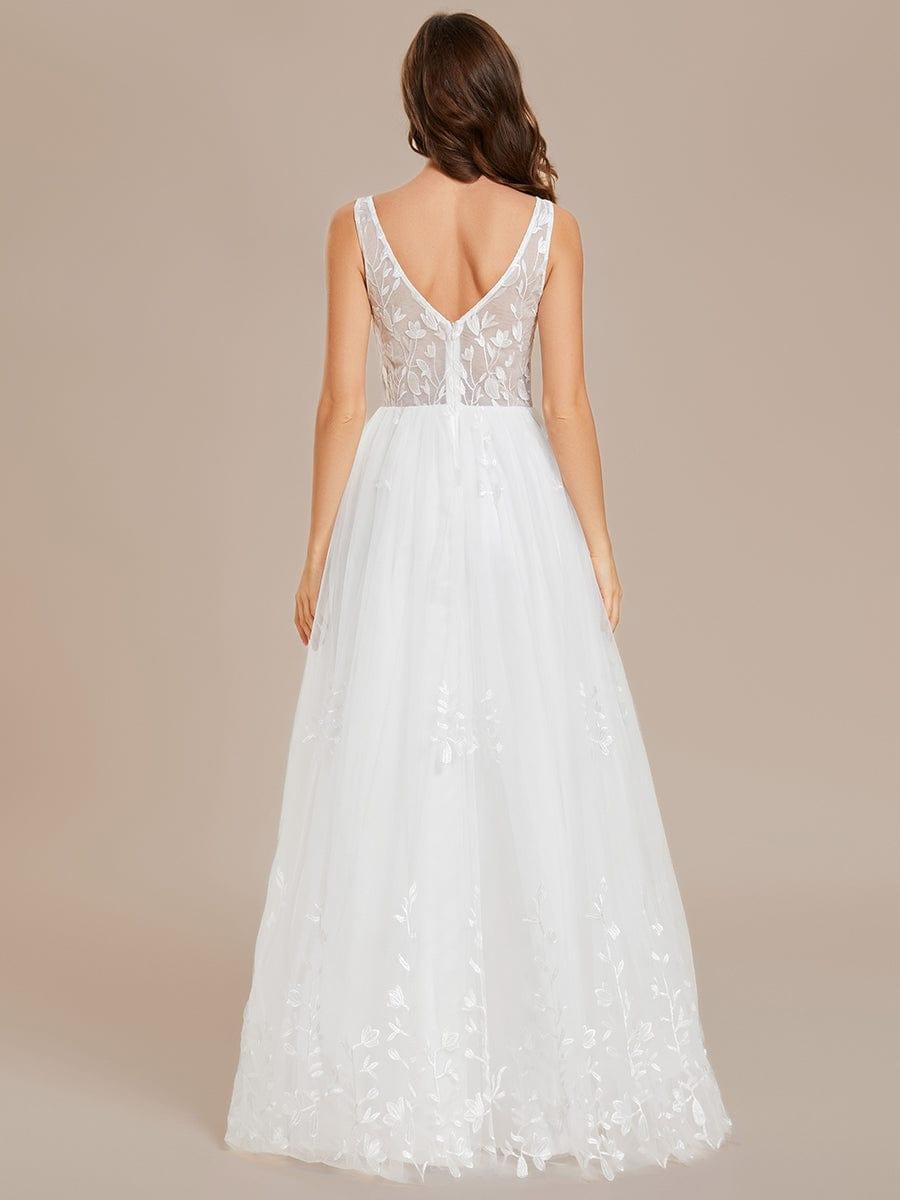 Sleeveless V-Neck A Line Embroidered Tulle Wedding Dress with Applique #color_White Sleeveless V-Neck A Line Embroidered Tulle Wedding Dress with Applique