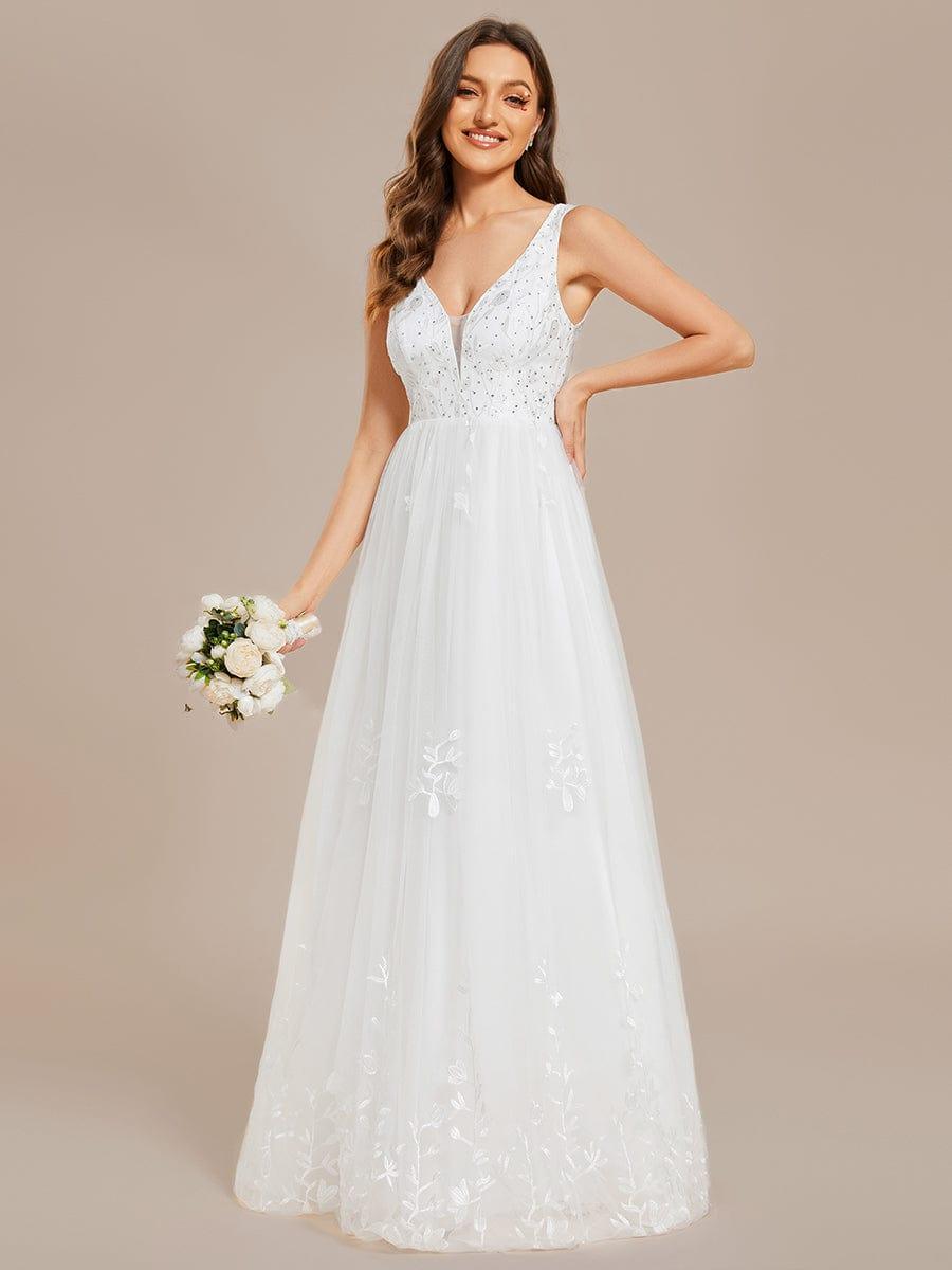 Sleeveless V-Neck A Line Embroidered Tulle Wedding Dress with Applique #color_White Sleeveless V-Neck A Line Embroidered Tulle Wedding Dress with Applique