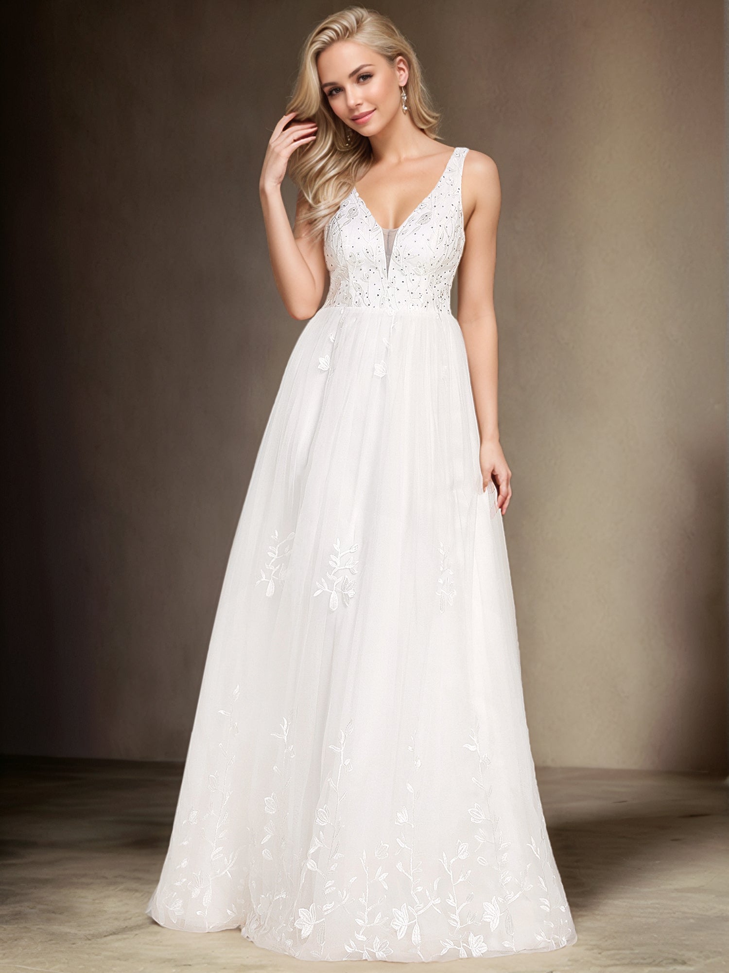 Sleeveless V-Neck A Line Embroidered Tulle Wedding Dress with Applique #color_White