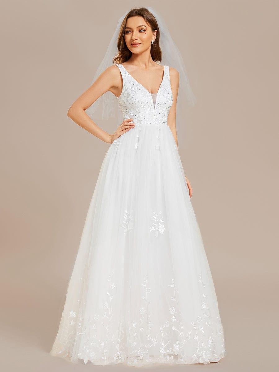 Sleeveless V-Neck A Line Embroidered Tulle Wedding Dress with Applique #color_White Sleeveless V-Neck A Line Embroidered Tulle Wedding Dress with Applique