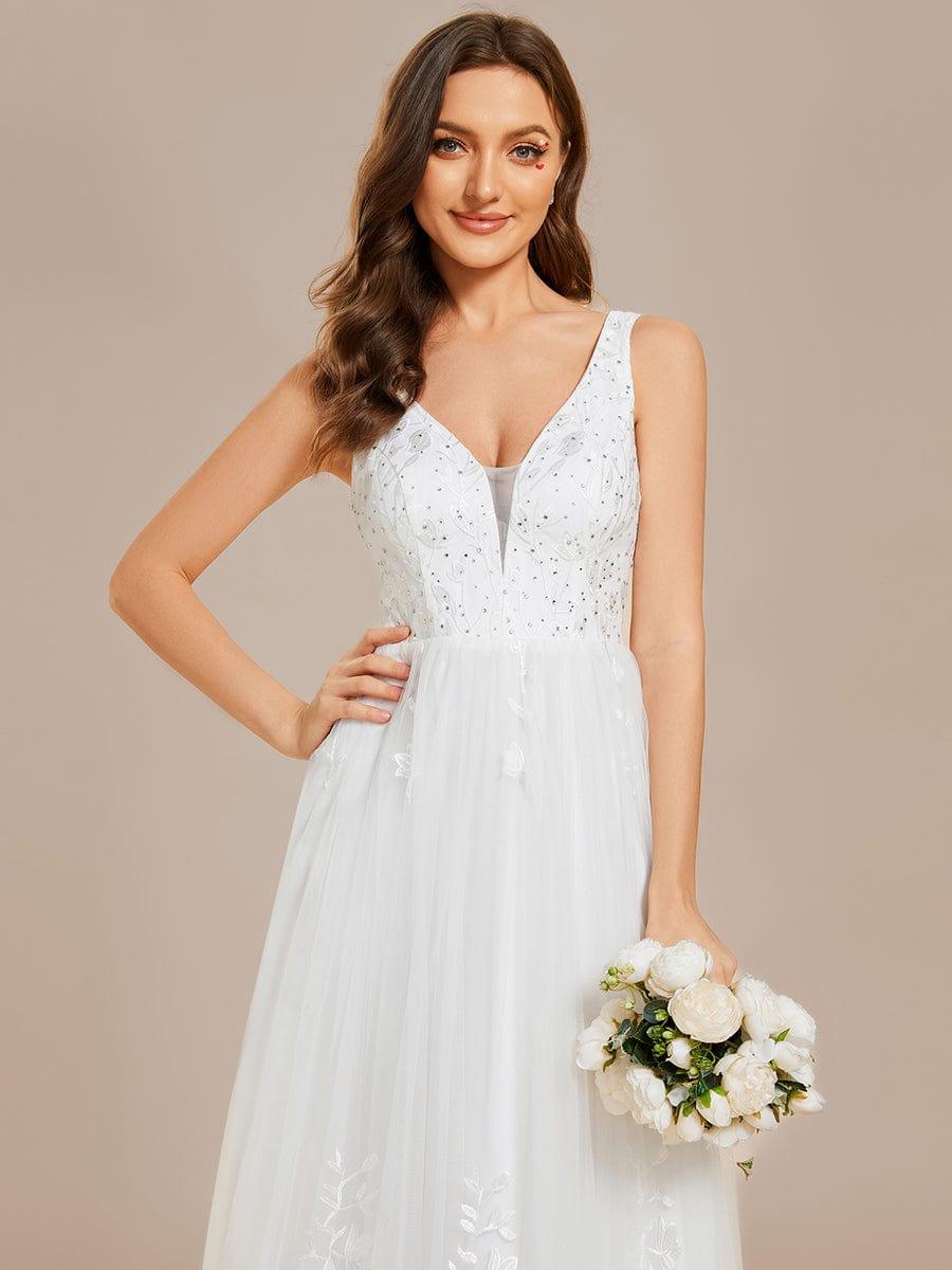 Sleeveless V-Neck A Line Embroidered Tulle Wedding Dress with Applique #color_White Sleeveless V-Neck A Line Embroidered Tulle Wedding Dress with Applique