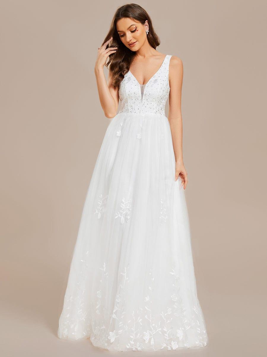 Sleeveless V-Neck A Line Embroidered Tulle Wedding Dress with Applique #color_White Sleeveless V-Neck A Line Embroidered Tulle Wedding Dress with Applique