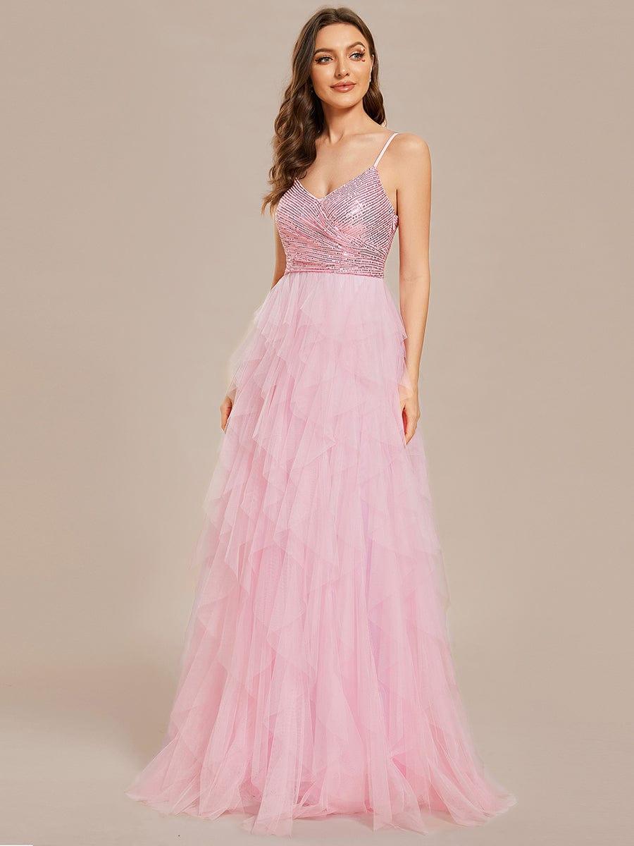 Sparkling V-Neck Spaghetti Strap Tiered Tulle Wedding Dress #color_White Sparkling V-Neck Spaghetti Straps Tiered Tulle Wedding Dress