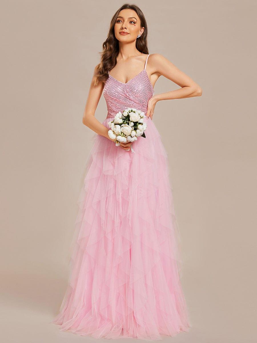 Sparkling V-Neck Spaghetti Strap Tiered Tulle Wedding Dress #color_White Sparkling V-Neck Spaghetti Straps Tiered Tulle Wedding Dress
