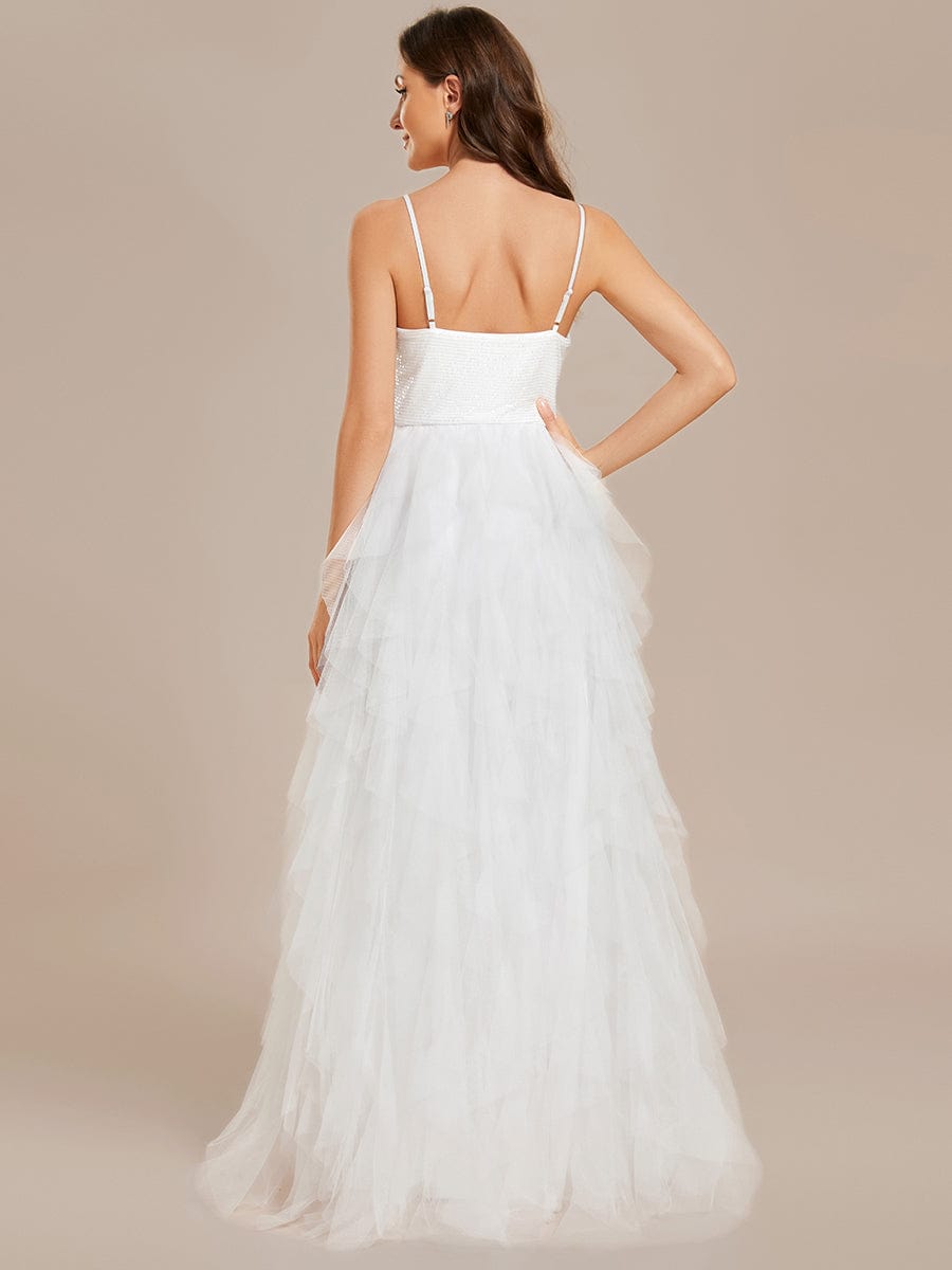 Sparkling V-Neck Spaghetti Strap Tiered Tulle Wedding Dress #color_White