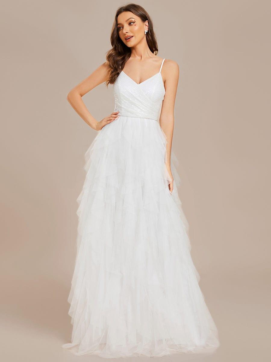 Sparkling V-Neck Spaghetti Strap Tiered Tulle Wedding Dress #color_White Sparkling V-Neck Spaghetti Straps Tiered Tulle Wedding Dress