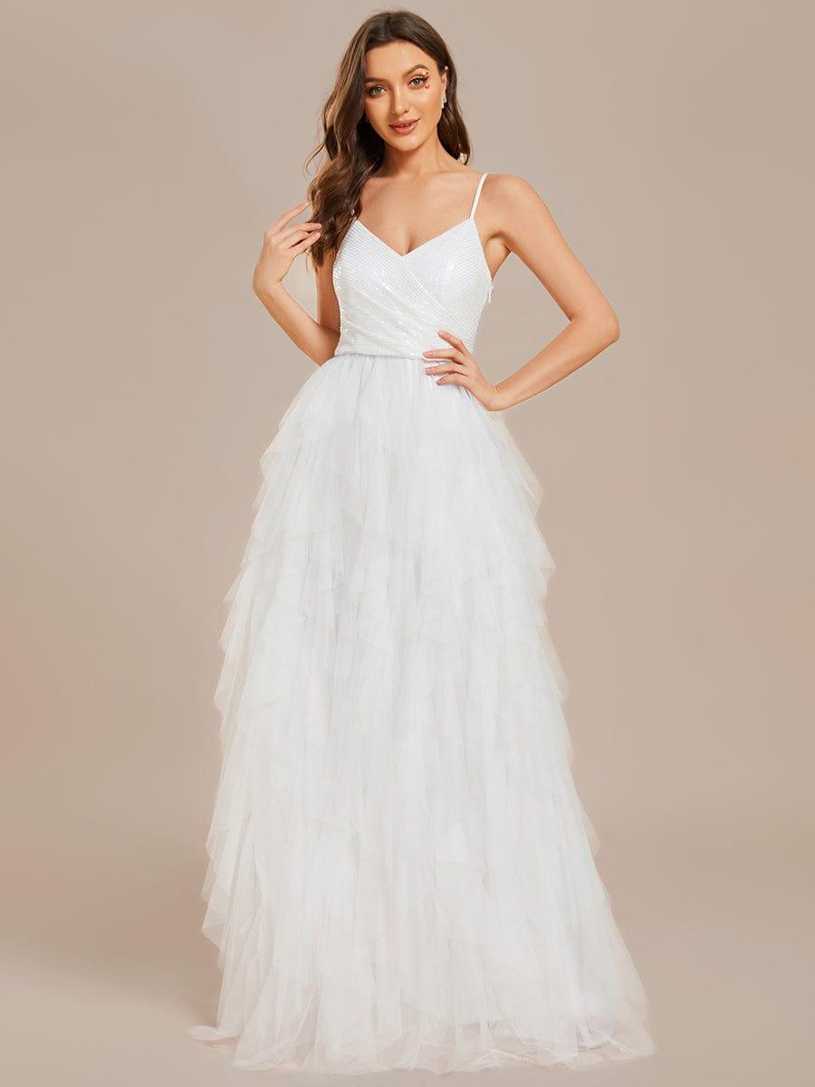 Sparkling V-Neck Spaghetti Strap Tiered Tulle Wedding Dress #color_White Sparkling V-Neck Spaghetti Straps Tiered Tulle Wedding Dress