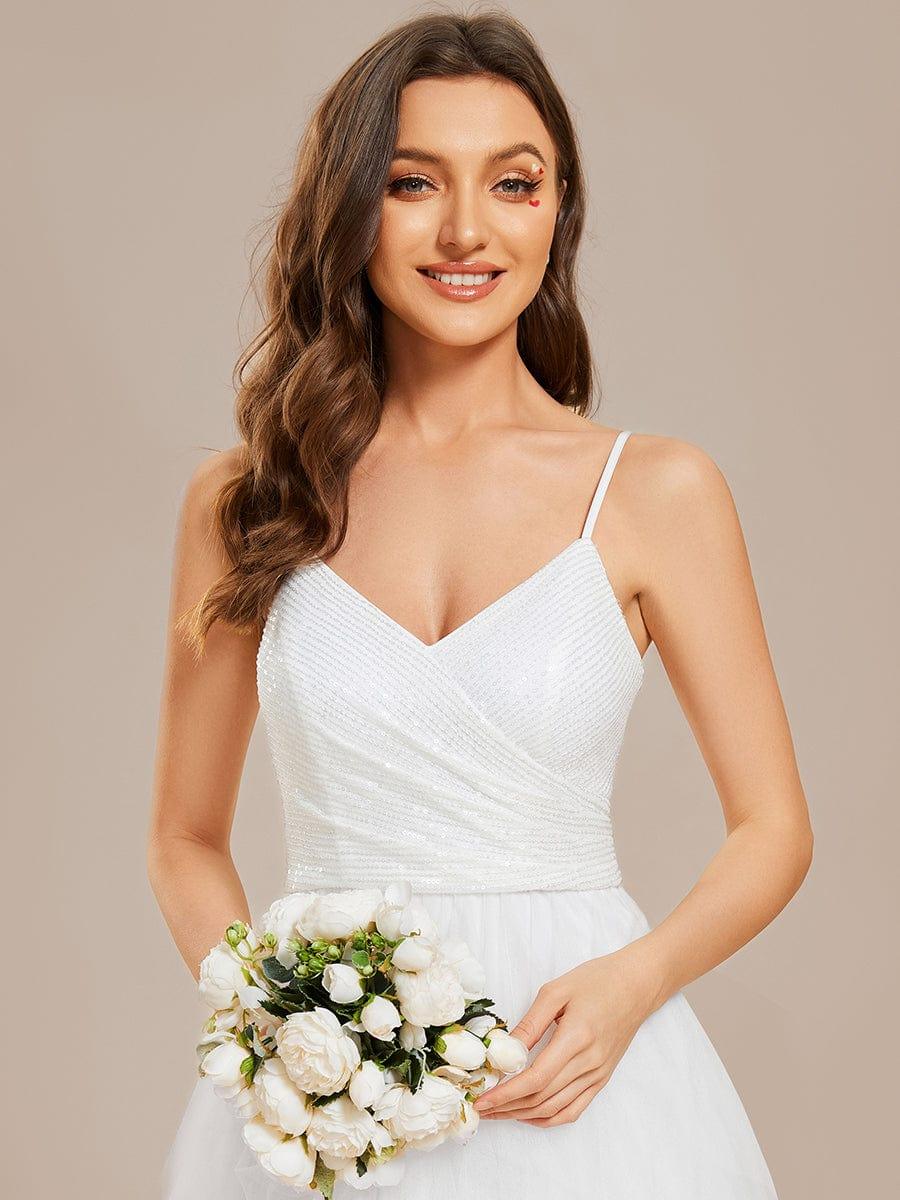 Sparkling V-Neck Spaghetti Strap Tiered Tulle Wedding Dress #color_White Sparkling V-Neck Spaghetti Straps Tiered Tulle Wedding Dress