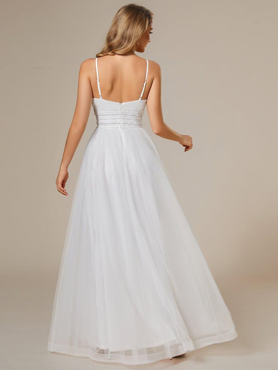 Classic Adjustable Spaghetti Strap Tulle Wedding Dress with Waist Paillette Chain #color_White Classic Adjustable Spaghetti Strap Tulle Wedding Dress with Waist Paillette Chain