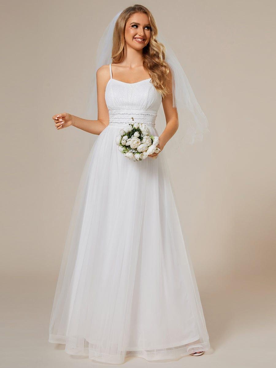 Classic Adjustable Spaghetti Strap Tulle Wedding Dress with Waist Paillette Chain #color_White Classic Adjustable Spaghetti Strap Tulle Wedding Dress with Waist Paillette Chain