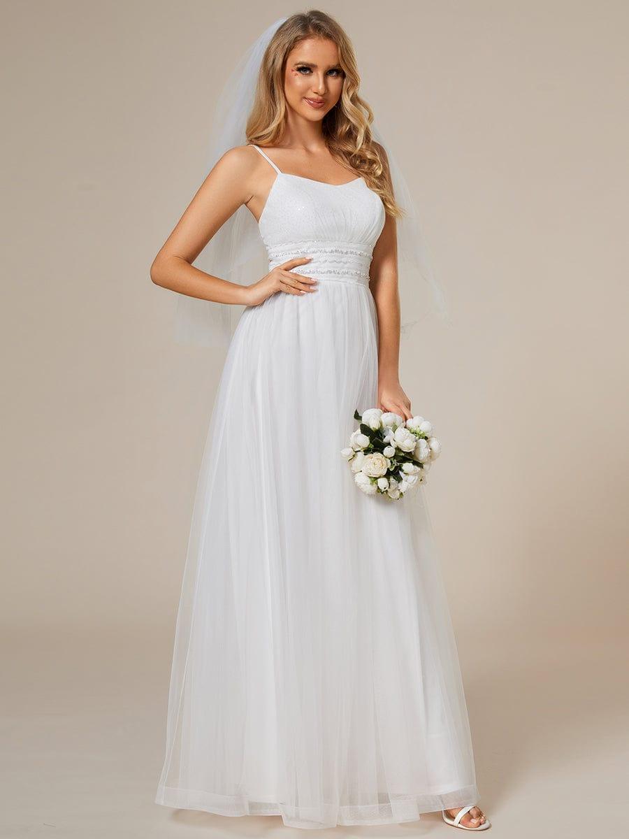 Classic Adjustable Spaghetti Strap Tulle Wedding Dress with Waist Paillette Chain #color_White Classic Adjustable Spaghetti Strap Tulle Wedding Dress with Waist Paillette Chain