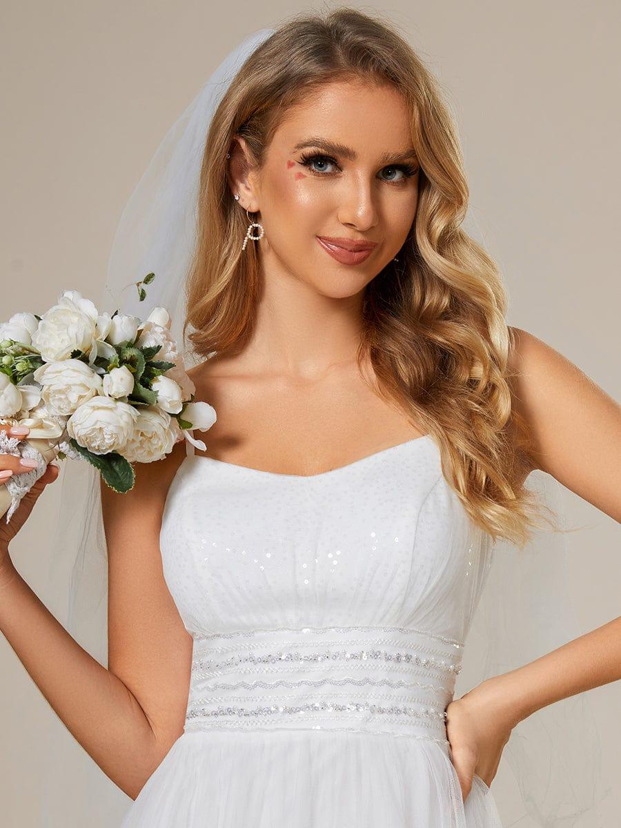 Classic Adjustable Spaghetti Strap Tulle Wedding Dress with Waist Paillette Chain #color_White Classic Adjustable Spaghetti Strap Tulle Wedding Dress with Waist Paillette Chain