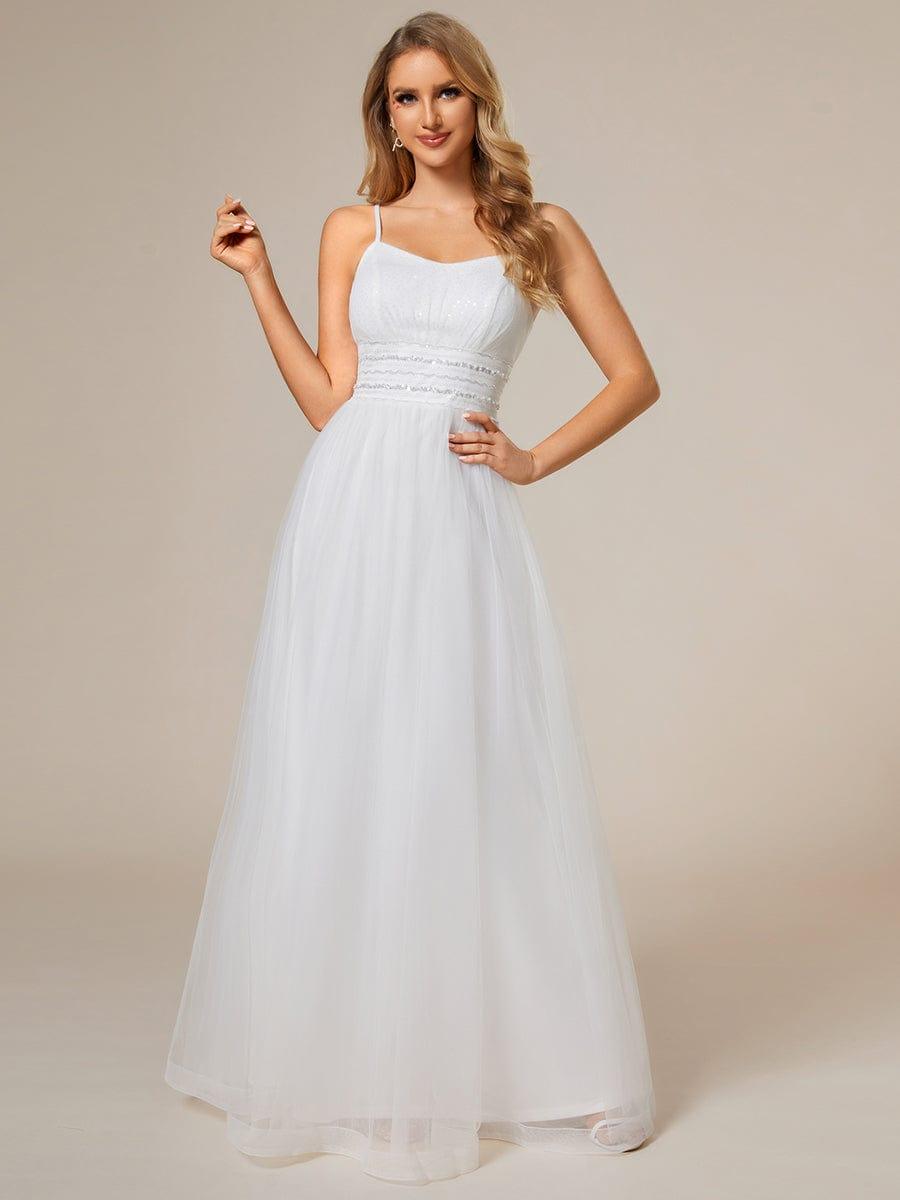 Classic Adjustable Spaghetti Strap Tulle Wedding Dress with Waist Paillette Chain #color_White Classic Adjustable Spaghetti Strap Tulle Wedding Dress with Waist Paillette Chain