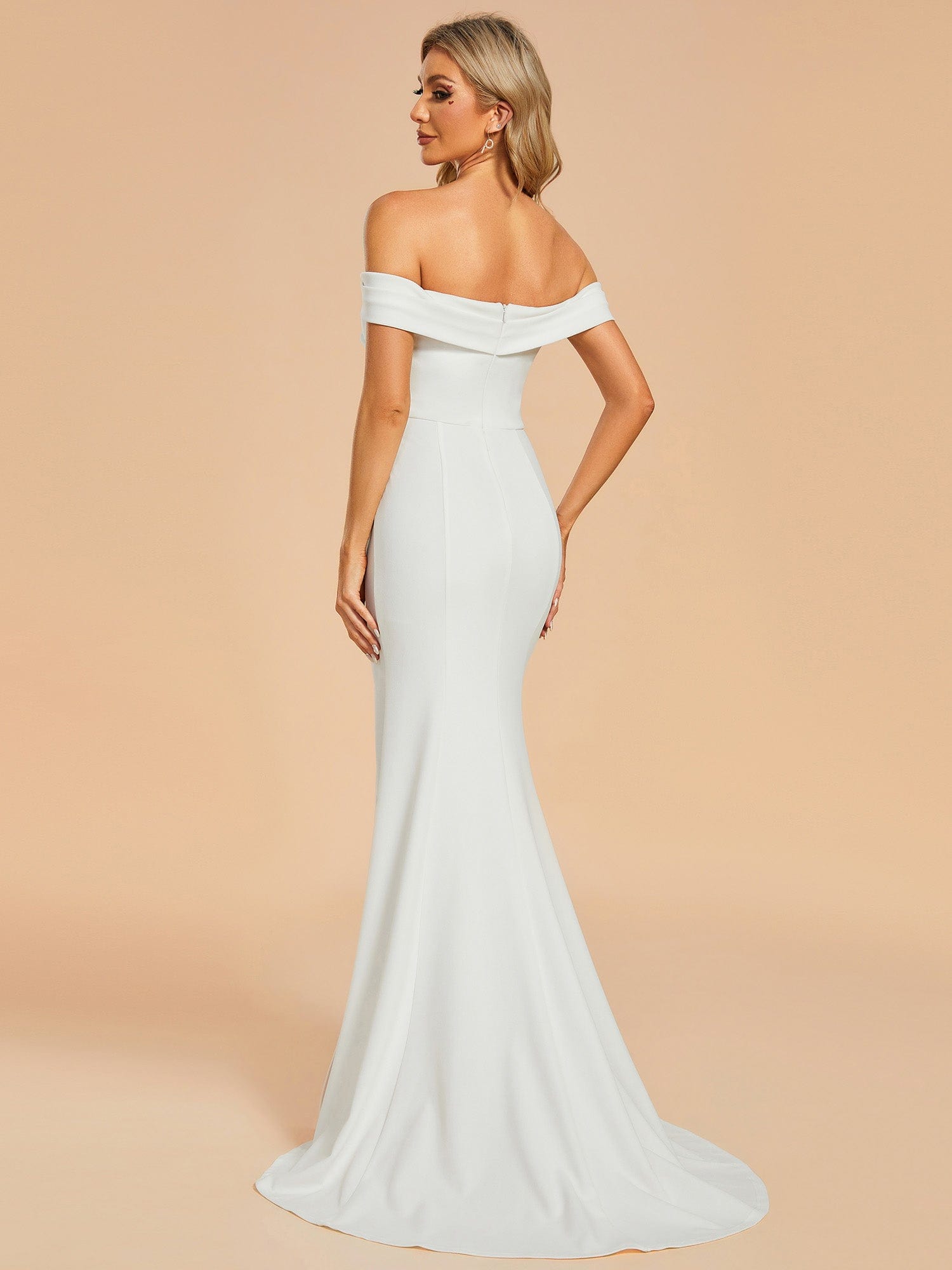 Off Shoulder Pleated Mermaid Wedding Dress featuring High Slit #color_White
