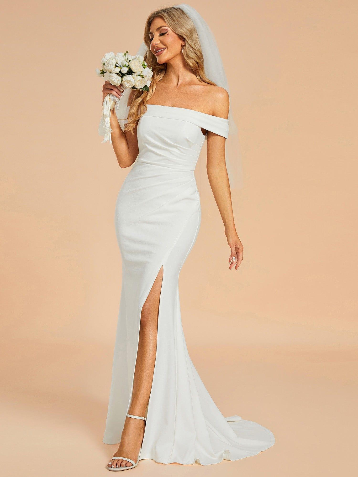 Off Shoulder Pleated Mermaid Wedding Dress featuring High Slit #color_White