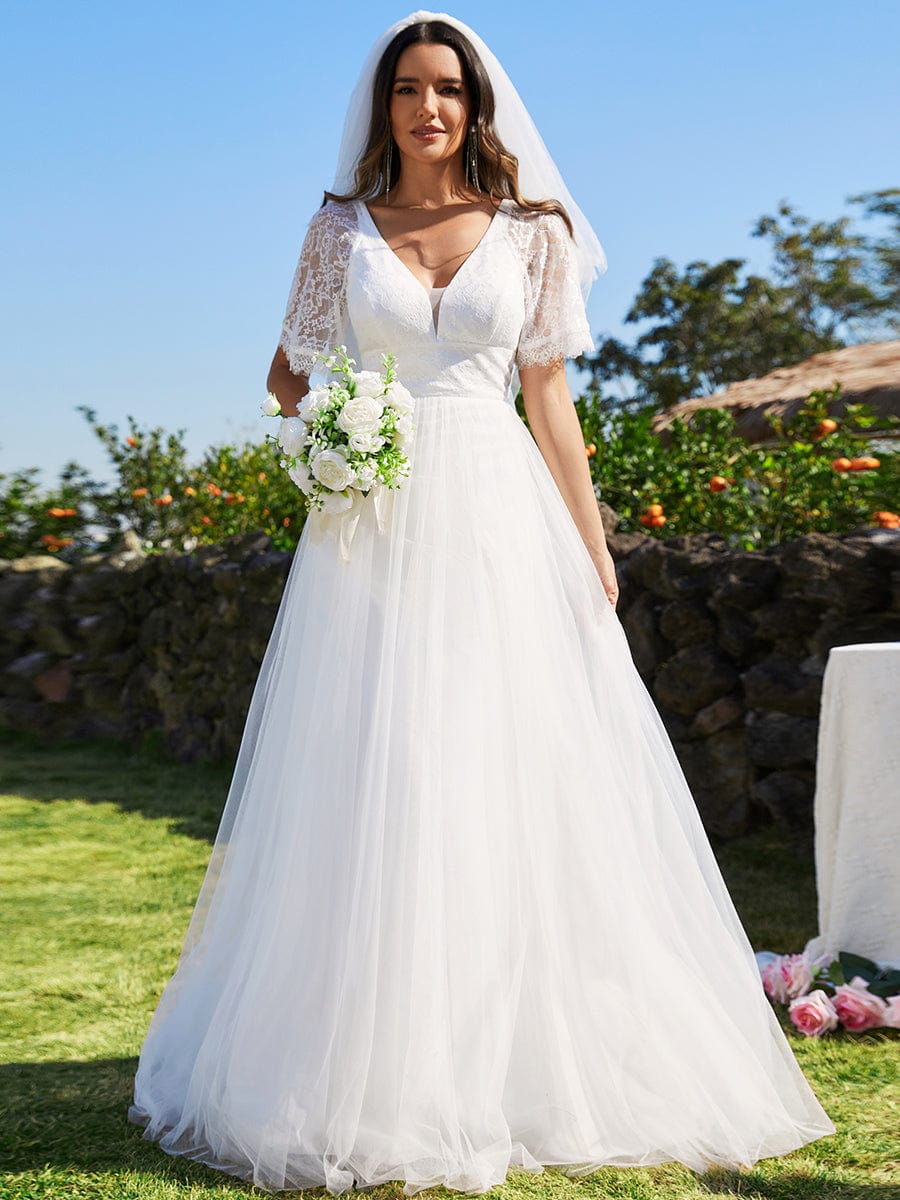 Custom Size V-Neck Tulle Wedding Dresses with Lace Short Sleeves #color_White