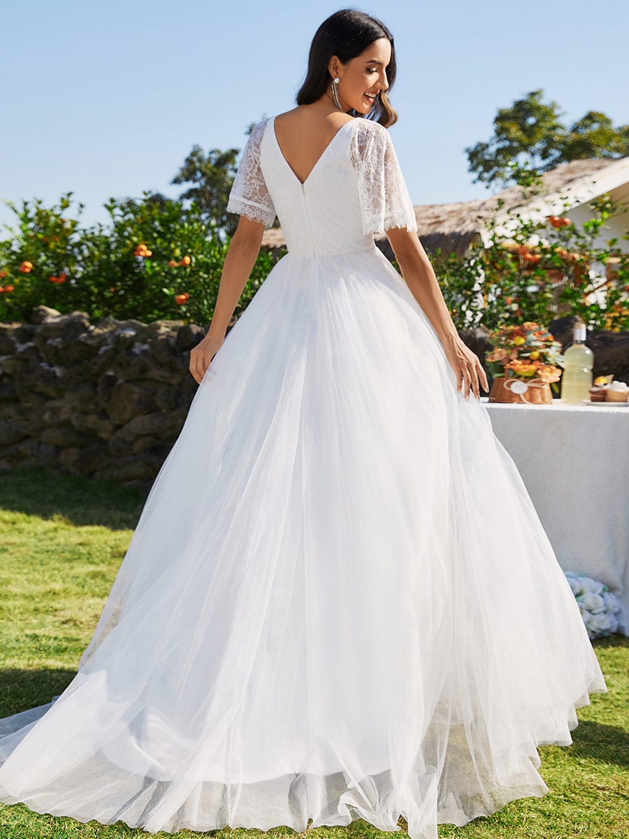 V-Neck Tulle Wedding Dresses with Lace Short Sleeves #color_White