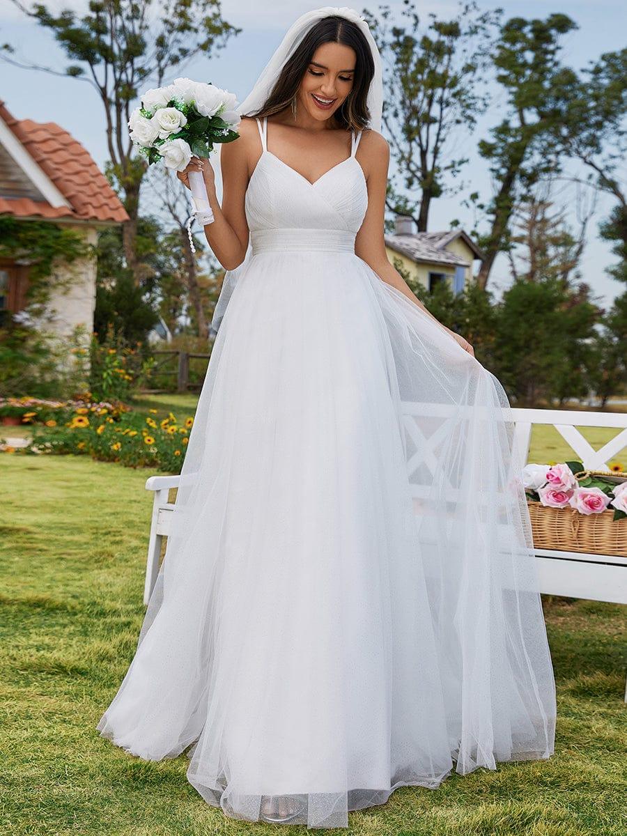 V-Neck Spaghetti Strap A-Line Wedding Dress with Delicate Bow Back #color_White