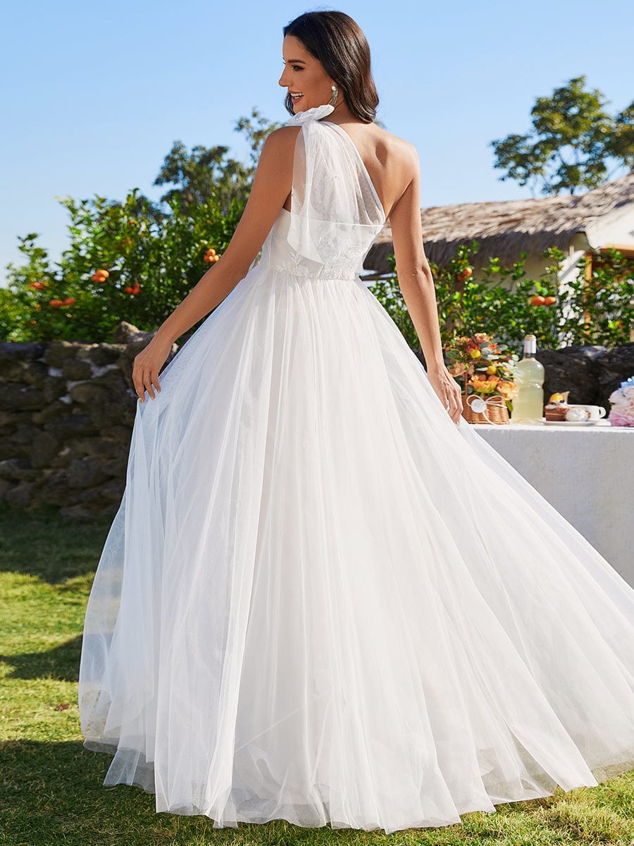 One-Shoulder Backless Tulle Wedding Dress with Front Floral Print