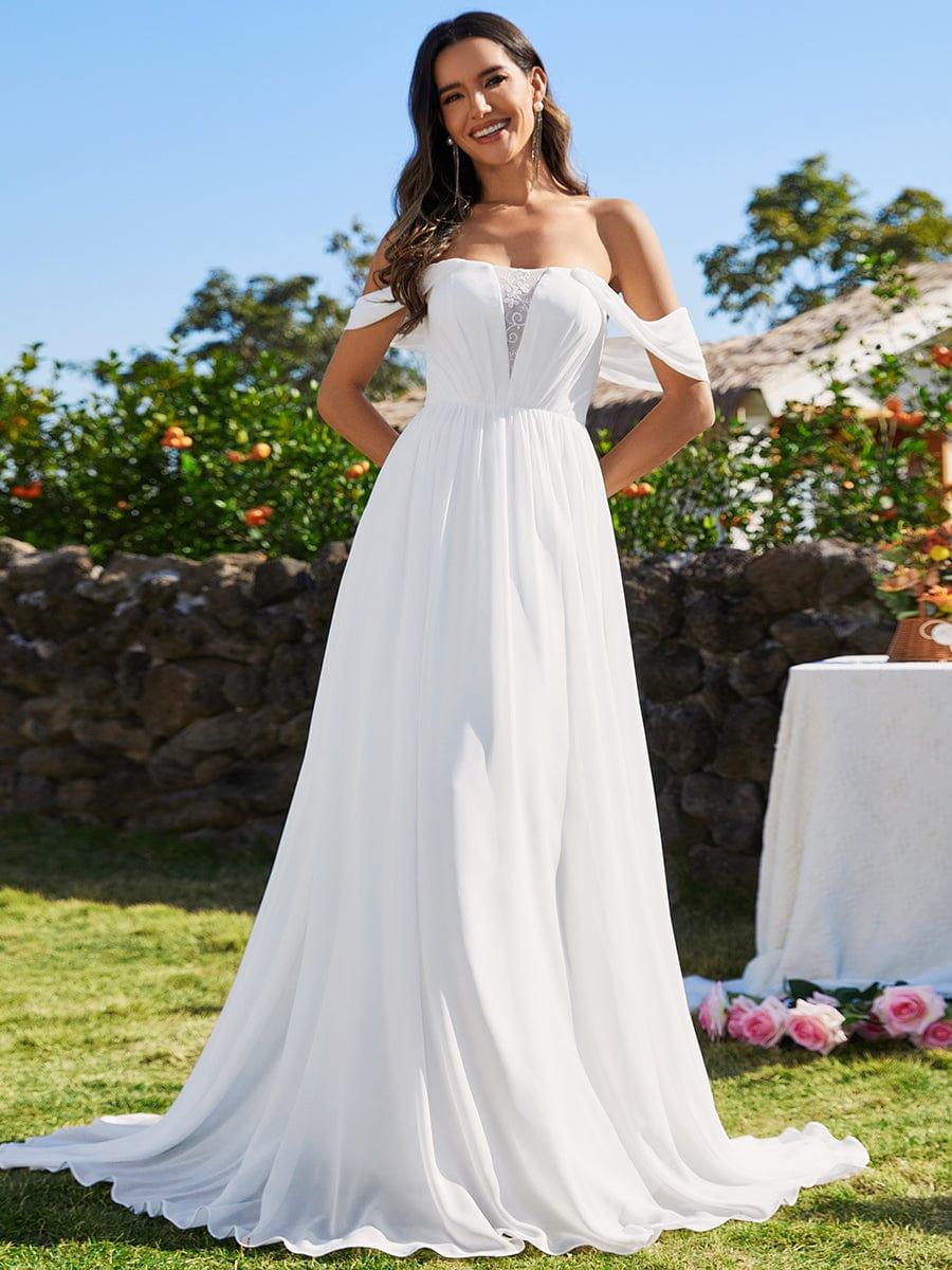 Off Shoulder chiffon A-Line Wedding Dress with Strapless #color_White