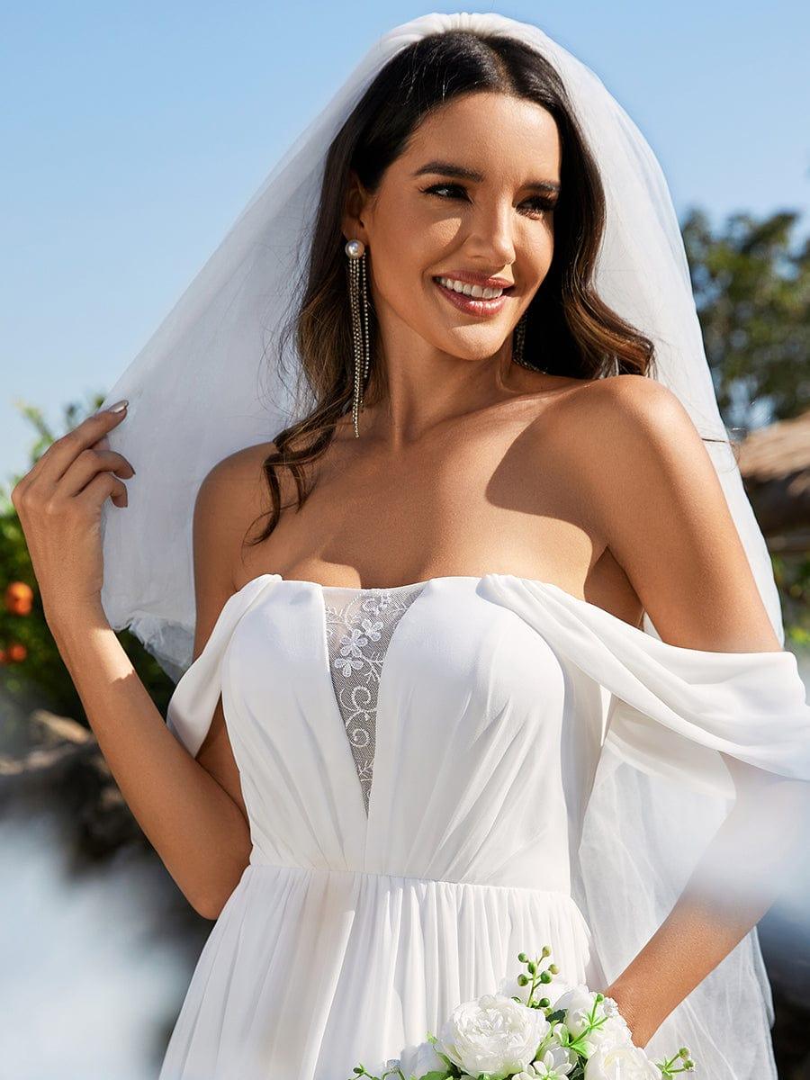 Off Shoulder chiffon A-Line Wedding Dress with Strapless #color_White