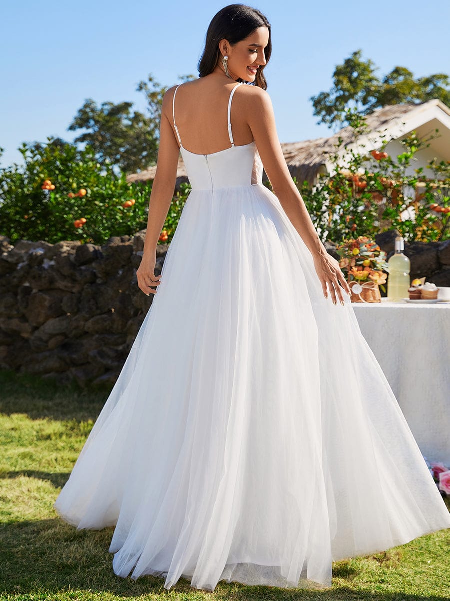 V-Neck A-Line Wedding Dress featuring Delicate Pearl Accents #color_White
