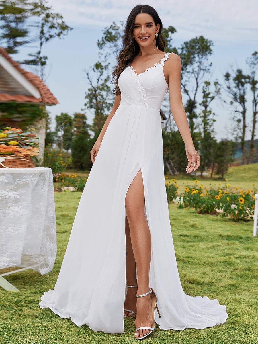 Spaghetti Strap V-Neck Chiffon High-Slit Wedding Dresses adorned with Printed Shoulder Straps #color_White