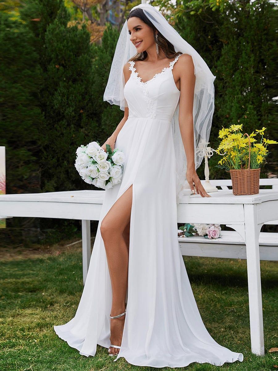 Spaghetti Strap V-Neck Chiffon High-Slit Wedding Dresses adorned with Printed Shoulder Straps #color_White