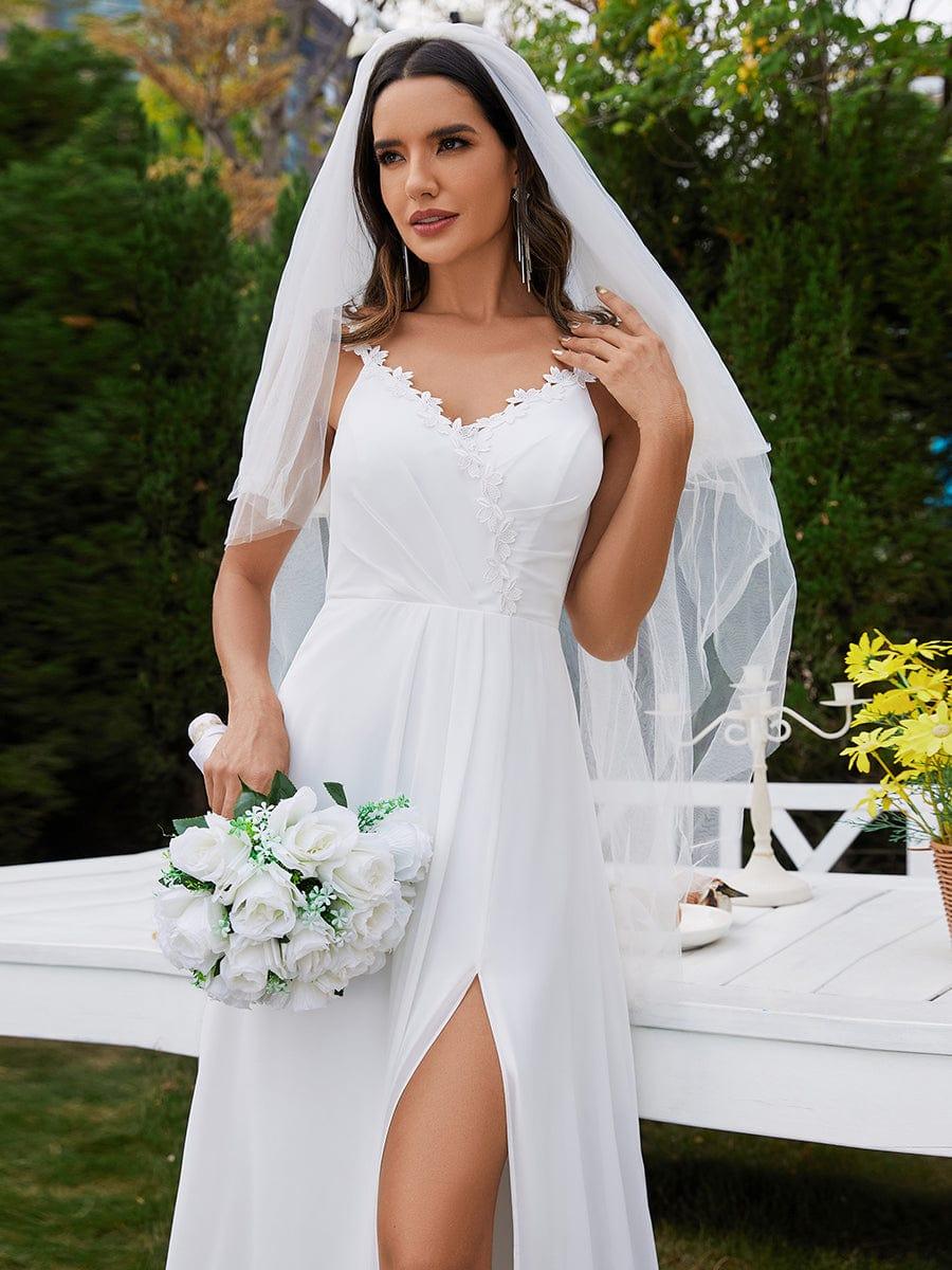 Spaghetti Strap V-Neck Chiffon High-Slit Wedding Dresses adorned with Printed Shoulder Straps #color_White