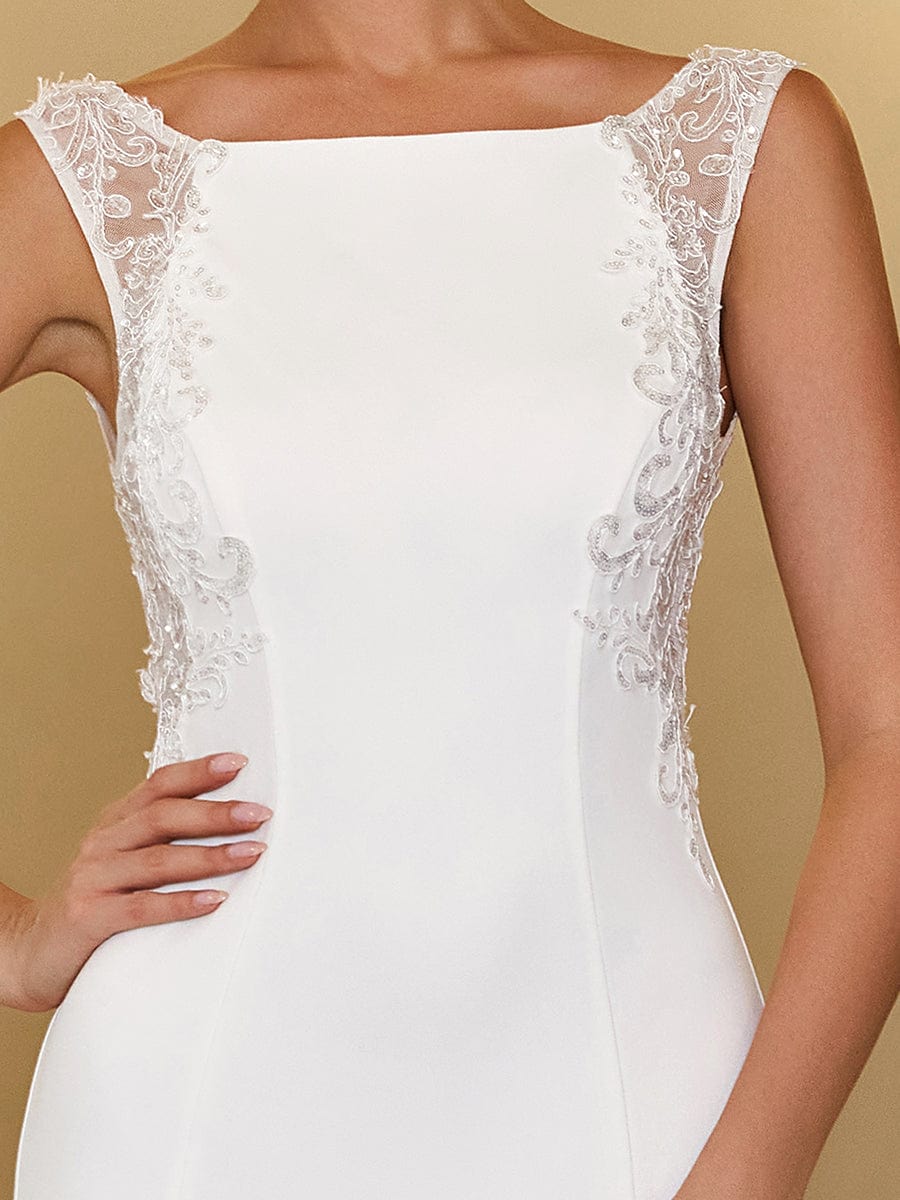 Sleeveless Lace Backless Fishtail Bodycon Wedding Dress #color_White Sleeveless Lace Backless Fishtail Bodycon Wedding Dress