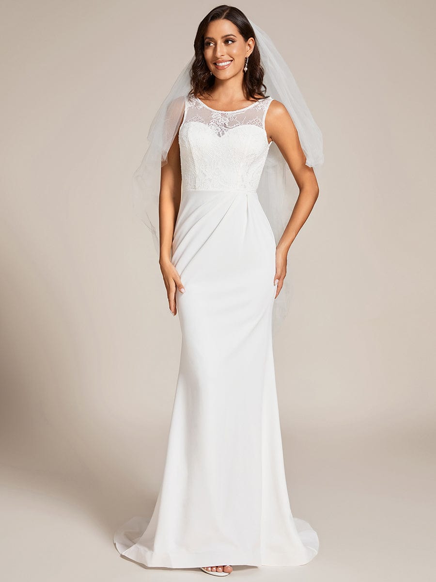 Custom Size Sleeveless Lace Bodice Floor Length Wedding Dress #color_White Custom Size Sleeveless Lace Bodice Floor Length Wedding Dress