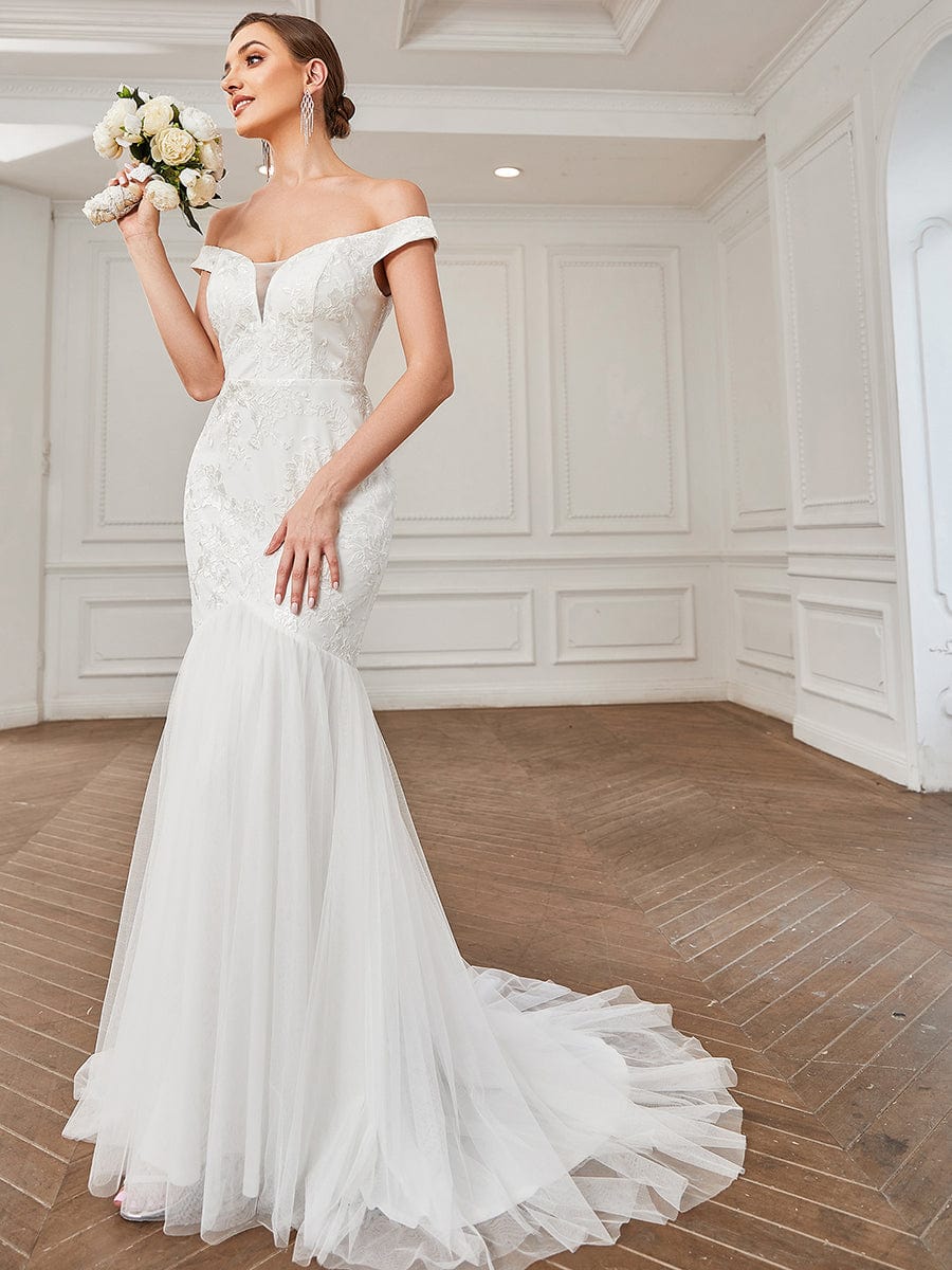 Lace Off the Shoulder Tulle Mermaid Wedding Dress #color_White Lace Off the Shoulder Tulle Mermaid Wedding Dress
